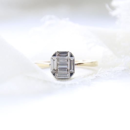 Preowned Art Deco inspired Diamond Engagement Ring with Baguette Cut Diamonds creating a hexagonal shape engagement ring  on a yellow gold band