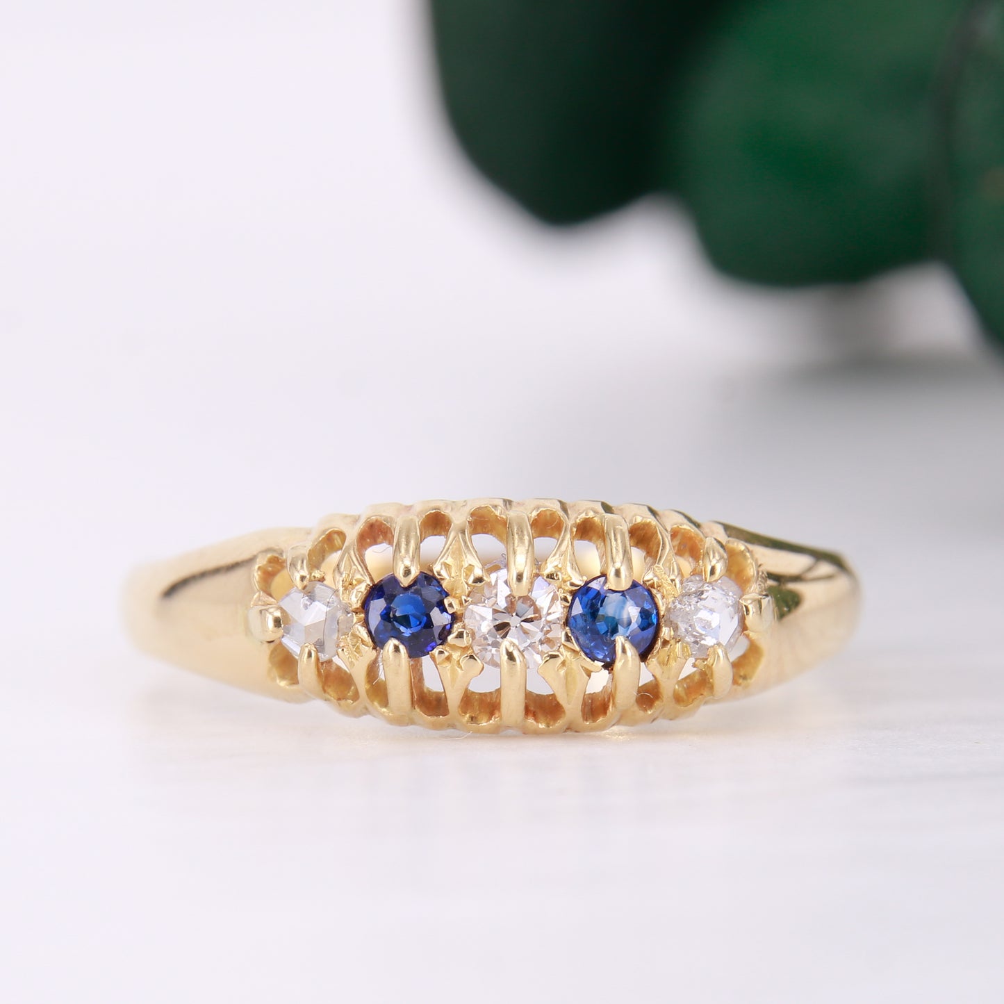 Antique 18ct Sapphire & Diamond Gold Ring, Boat ring, Five Stone Diamond and Sapphire Band Ring. 1905 Diamond ring. Front image 