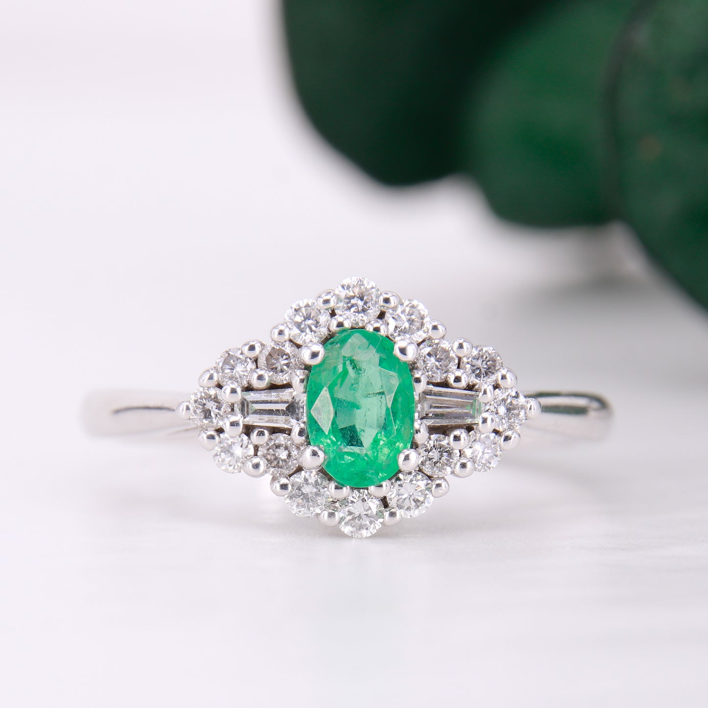 Vintage Emerald and Diamond Ring 18ct White Gold