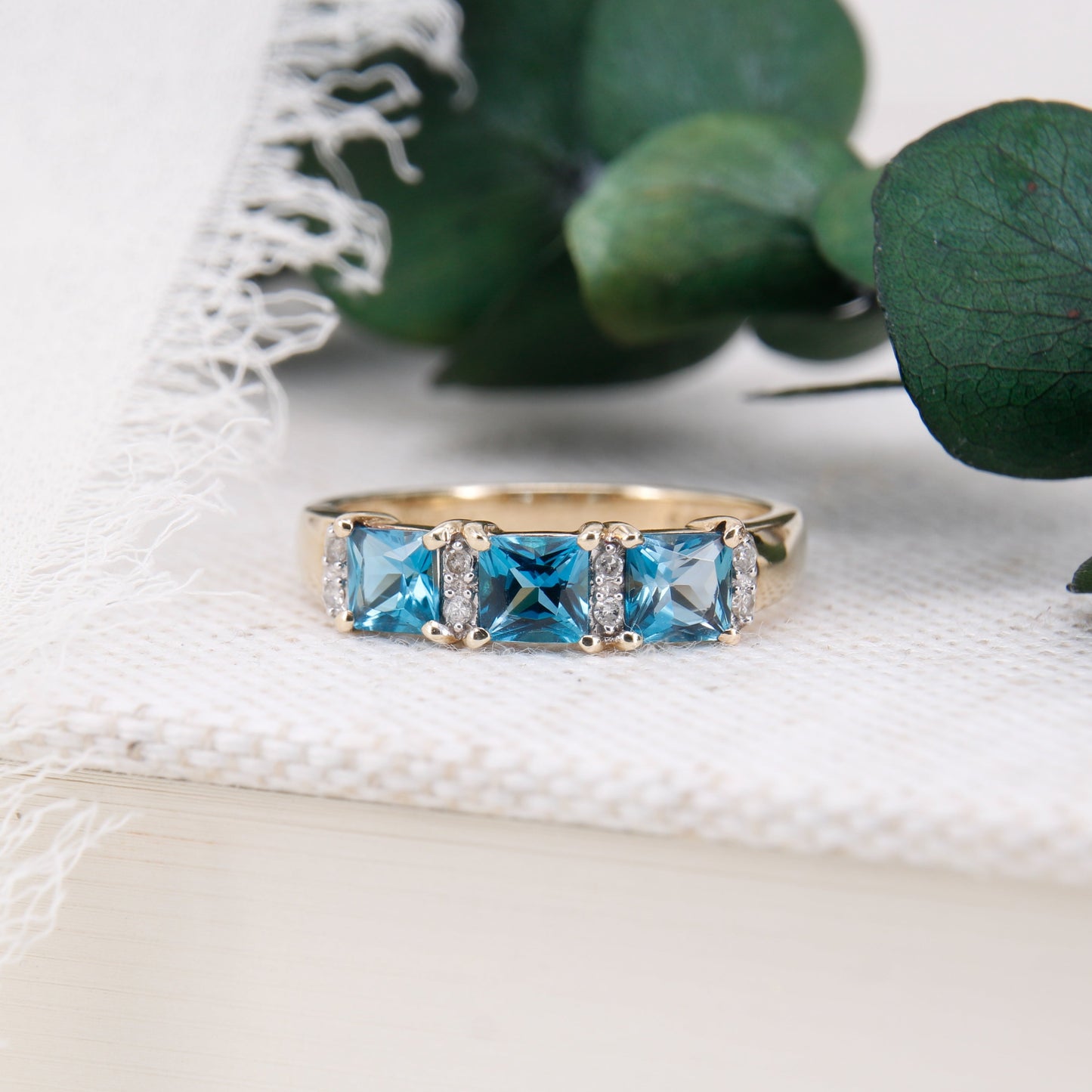 Blue Topaz and Diamond Ring, 9ct Gold Three Stone Trilogy Blue Topaz and Diamond Dress Ring