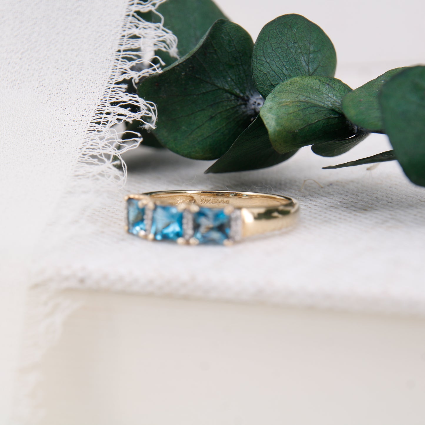 Blue Topaz and Diamond Ring, 9ct Gold Three Stone Trilogy Blue Topaz and Diamond Dress Ring