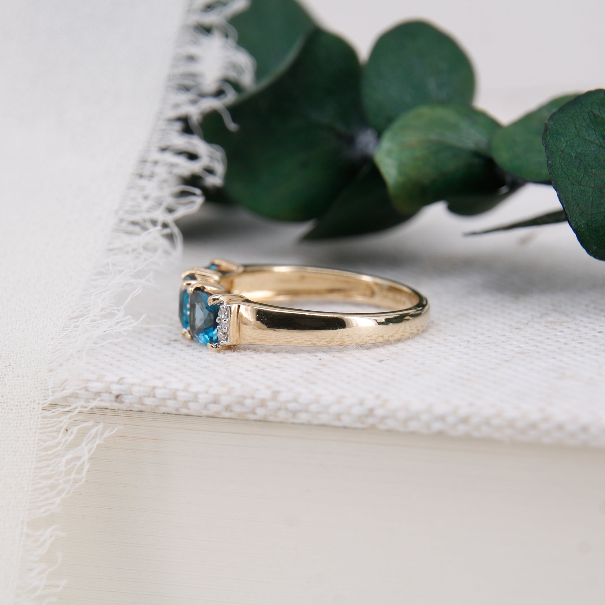 Blue Topaz and Diamond Ring, 9ct Gold Three Stone Trilogy Blue Topaz and Diamond Dress Ring