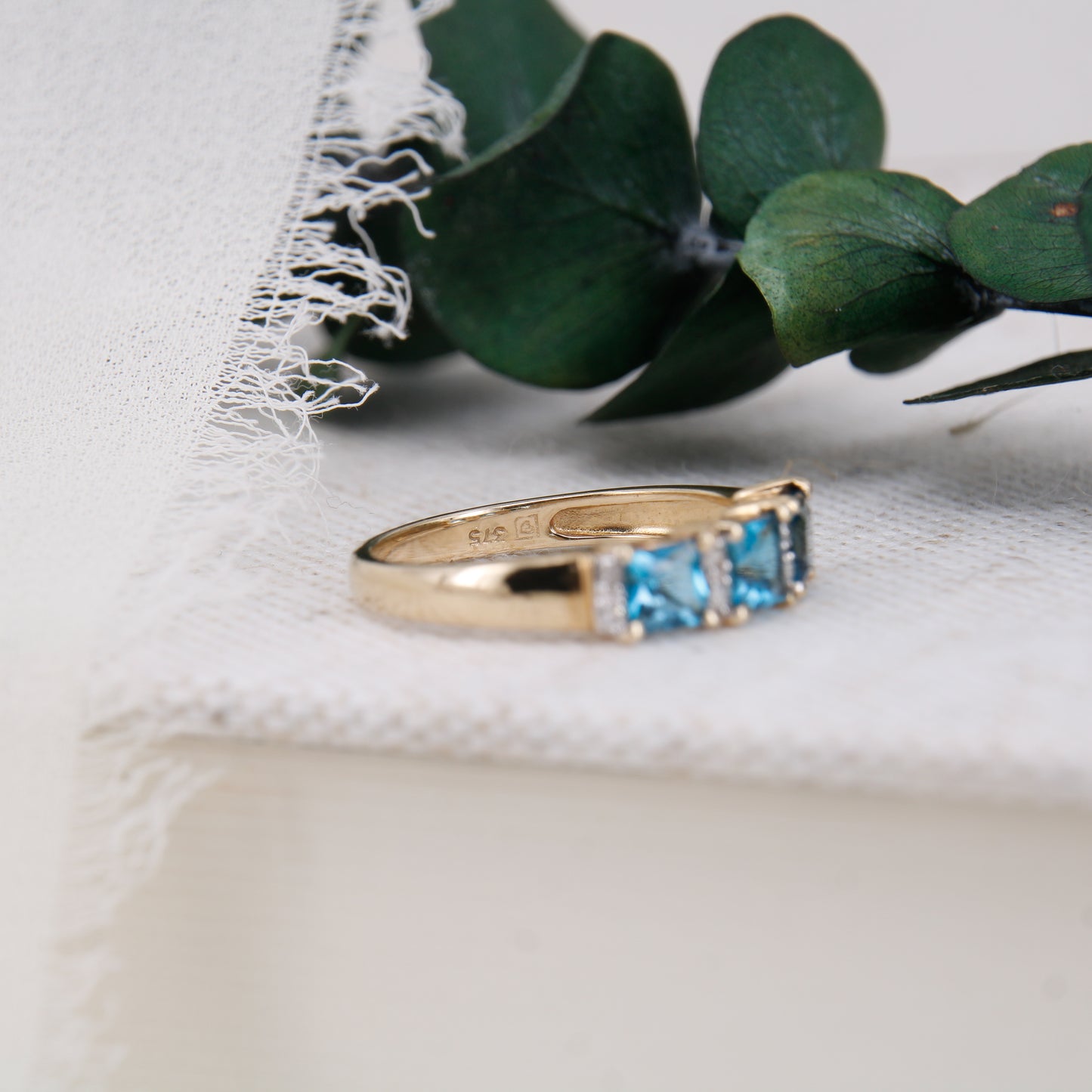 Blue Topaz and Diamond Ring, 9ct Gold Three Stone Trilogy Blue Topaz and Diamond Dress Ring