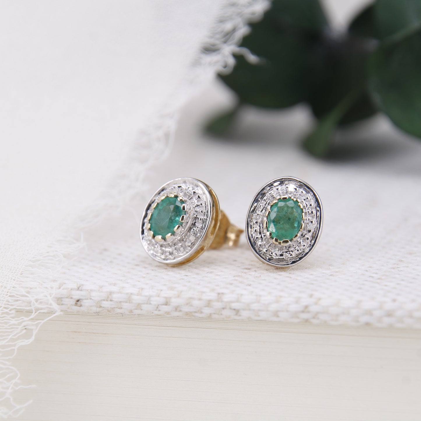 Emerald and Diamond Halo Stud Earrings