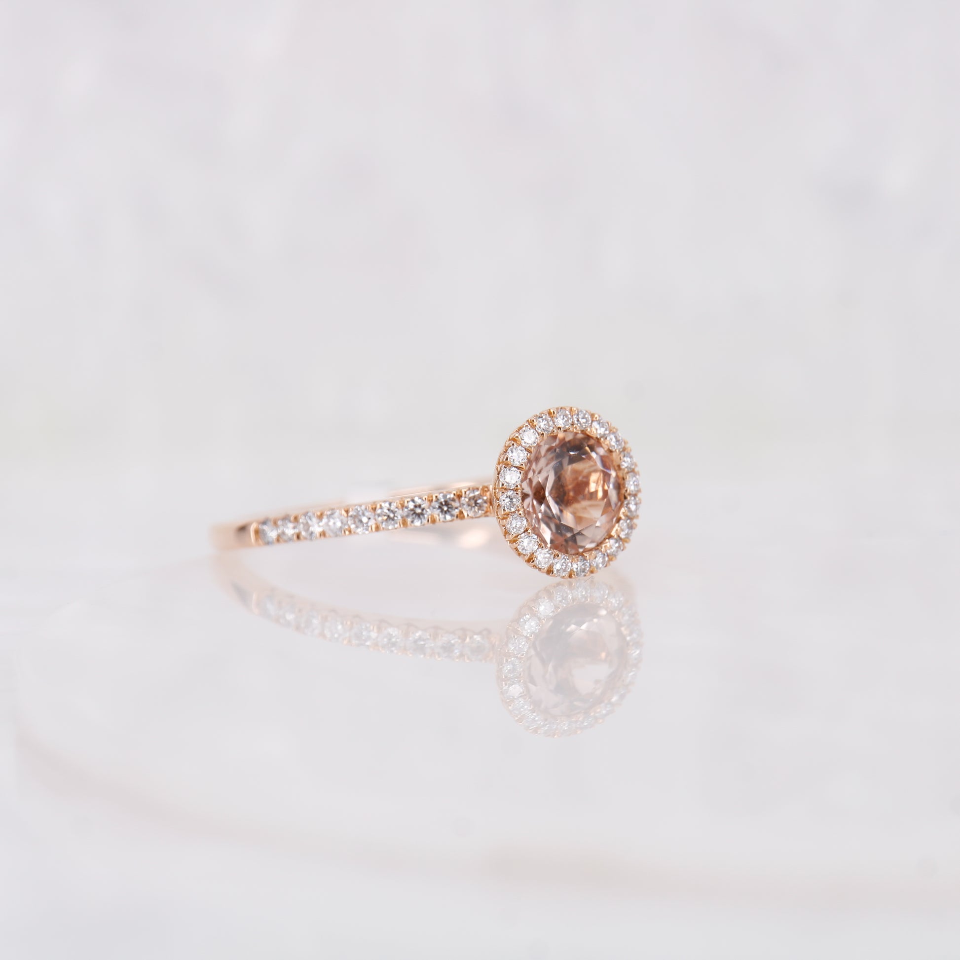 Morganite and Diamond round brilliant cut ring. 18ct rose gold morganite engagement ring. 