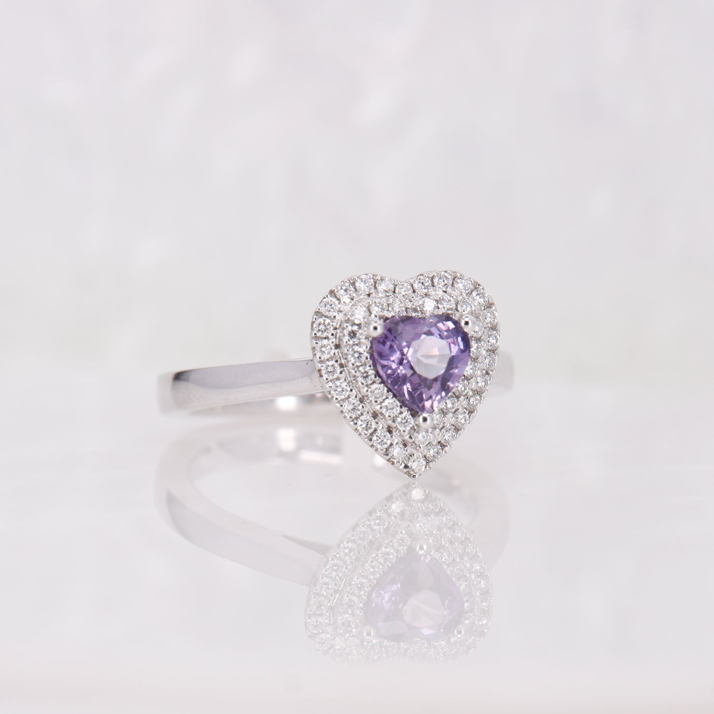 Purple Heart Cut Sapphire and Diamond Ring. Double Halo of diamonds. 