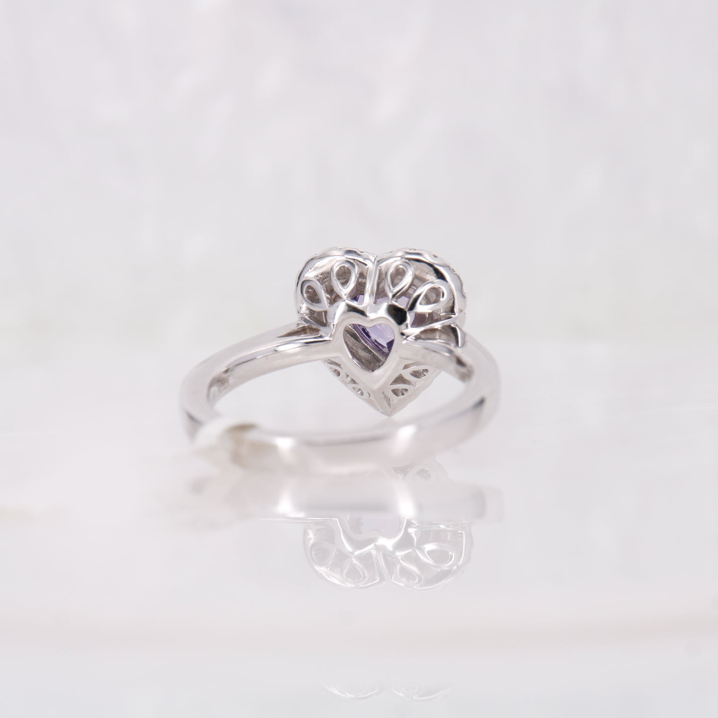 Purple Heart Cut Sapphire and Diamond Ring. Double Halo of diamonds. 