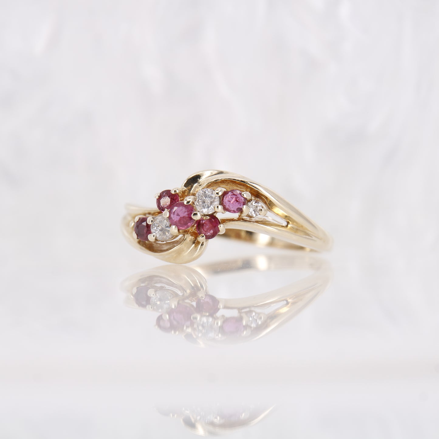 Secondhand Vintage Ruby and Diamond Twist ring. Ruby eternity ring 9ct yellow gold.