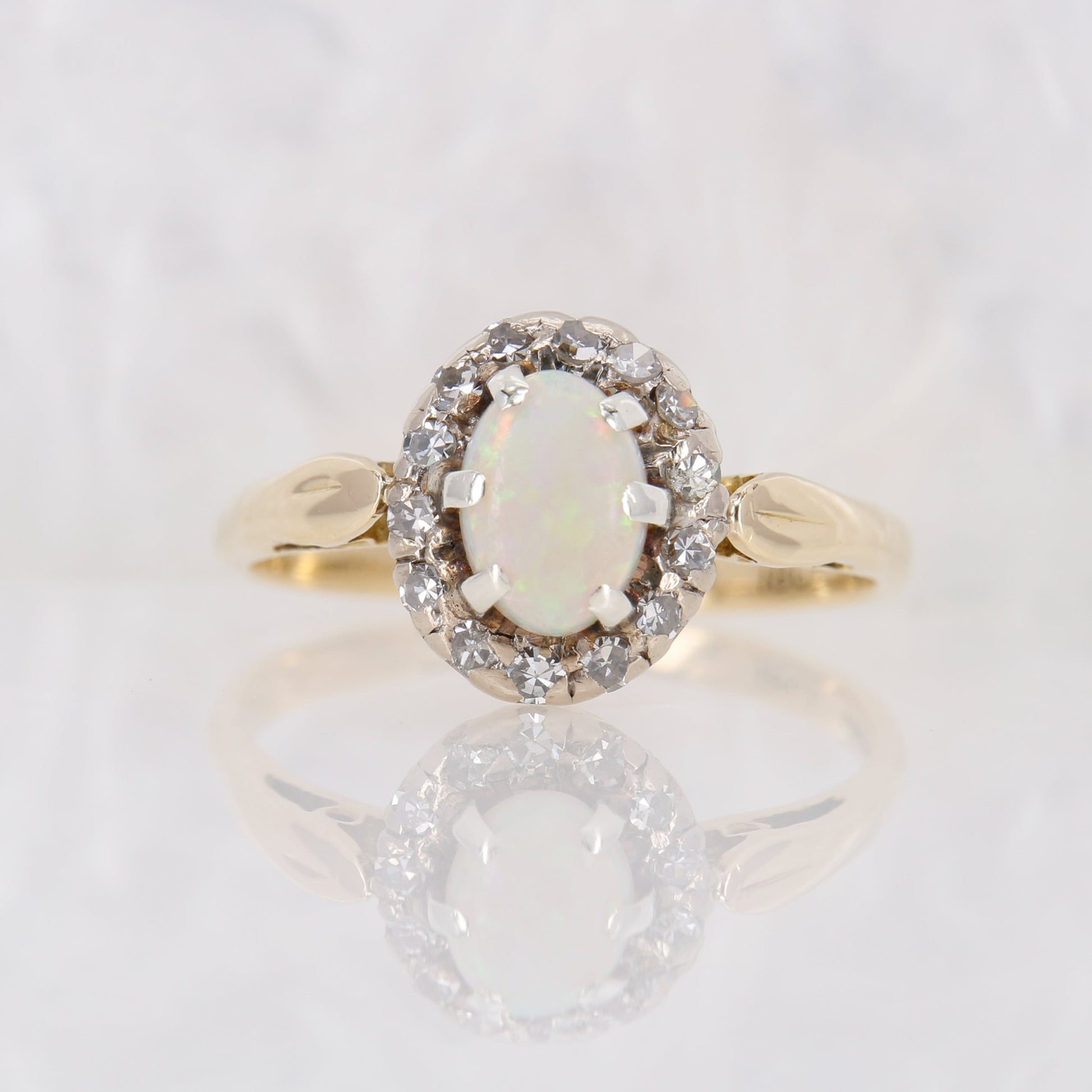 Vintage Opal and Diamond Ring, Antique Opal and Diamond Halo Ring 18ct Yellow Gold.