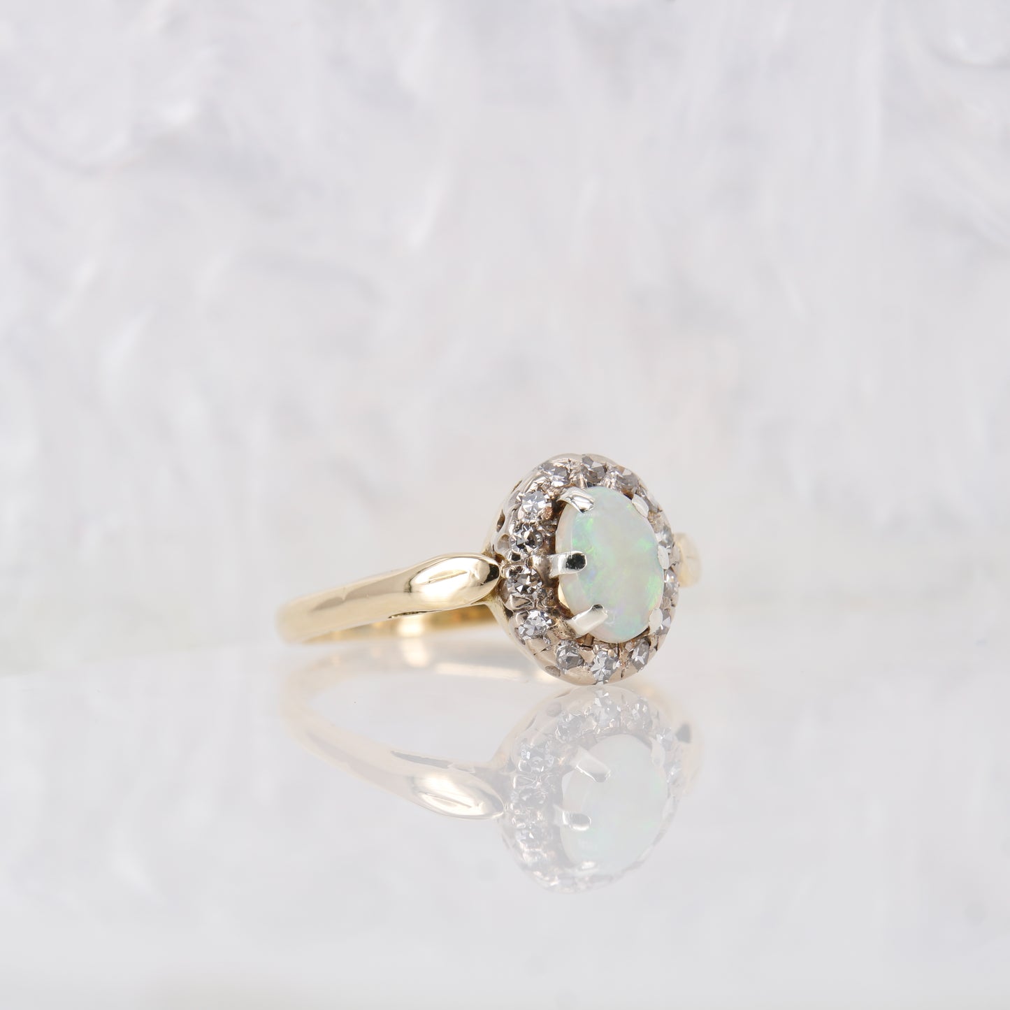 Vintage Opal and Diamond Ring, Antique Opal and Diamond Halo Ring 18ct Yellow Gold.