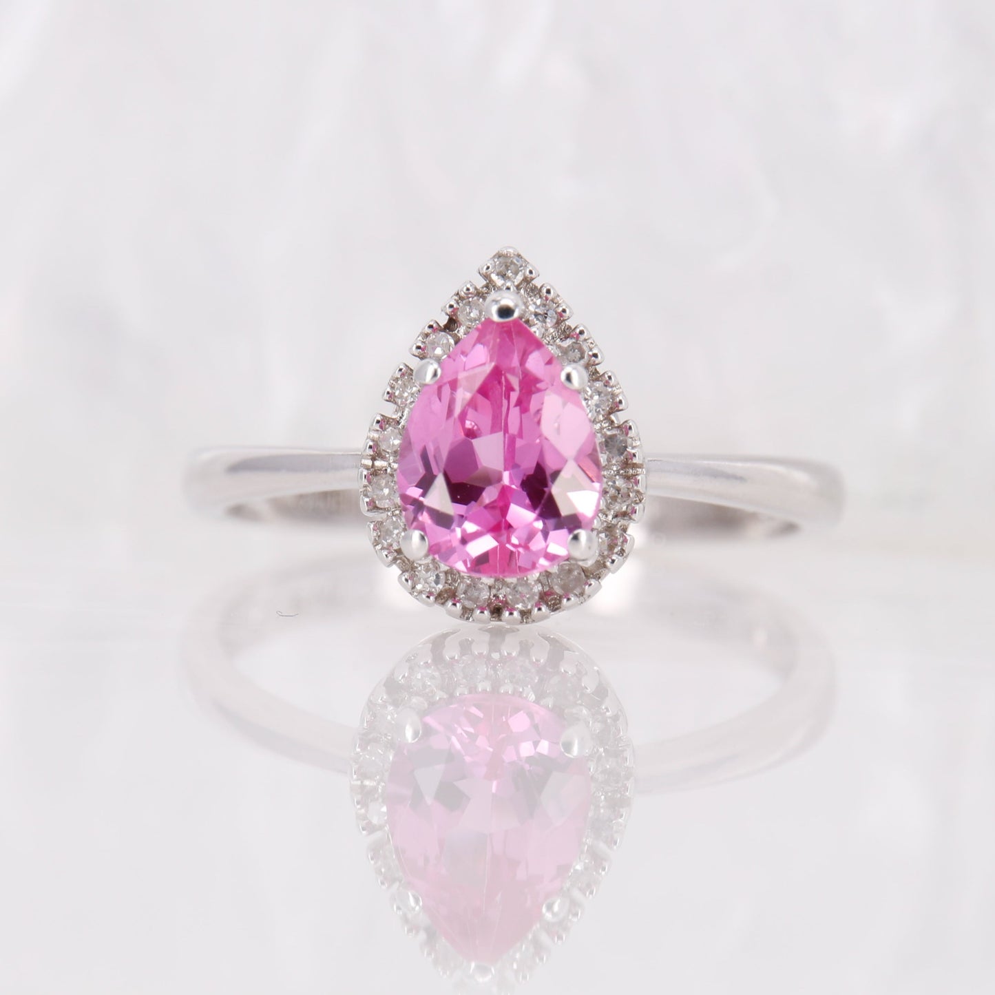 Pink Topaz and Diamond Ring, 9ct Pink Pear Cut Topaz with Diamond Halo Dress Ring
