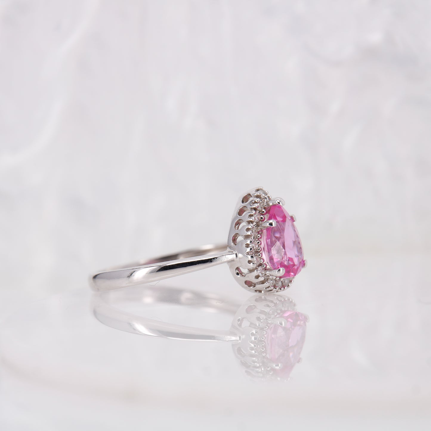Pink Topaz and Diamond Ring, 9ct Pink Pear Cut Topaz with Diamond Halo Dress Ring