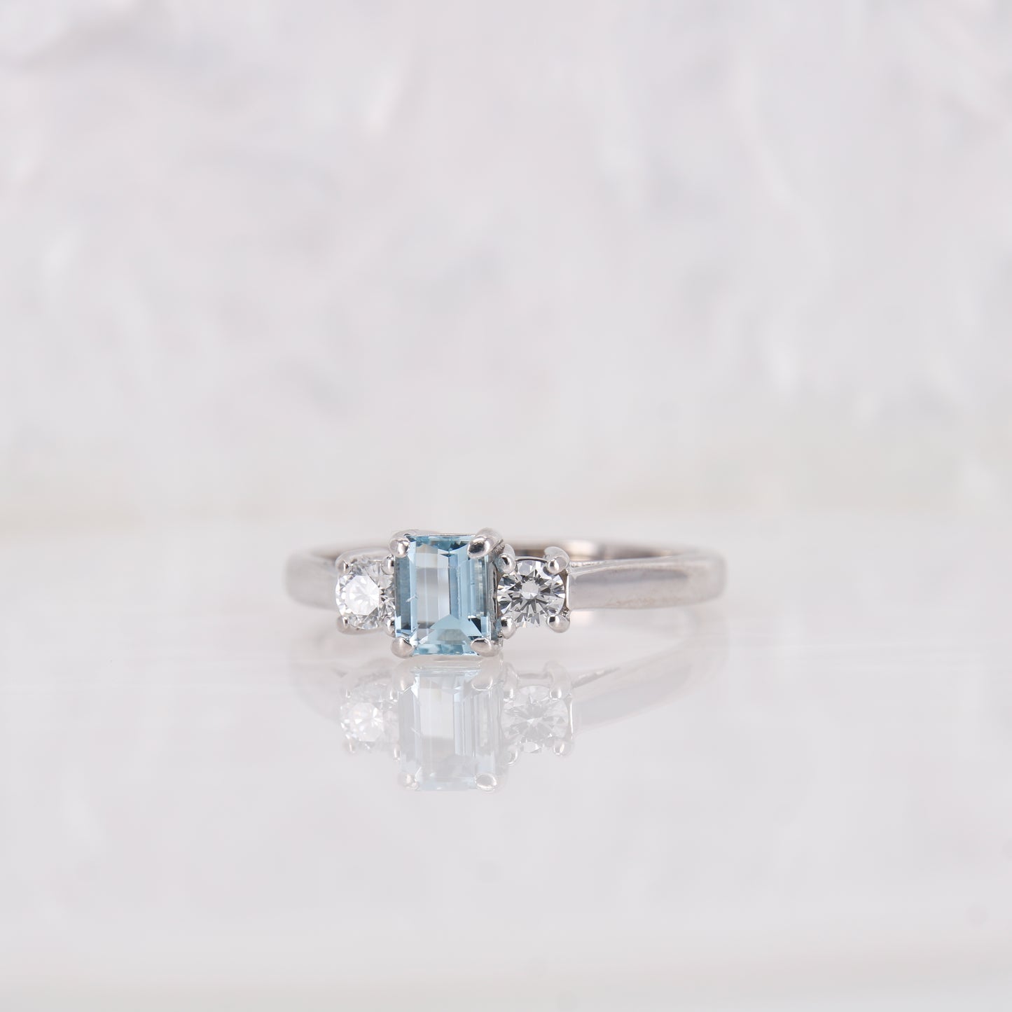 Aquamarine and Diamond Three Stone Trilogy Ring, Aquamarine engagement ring. 