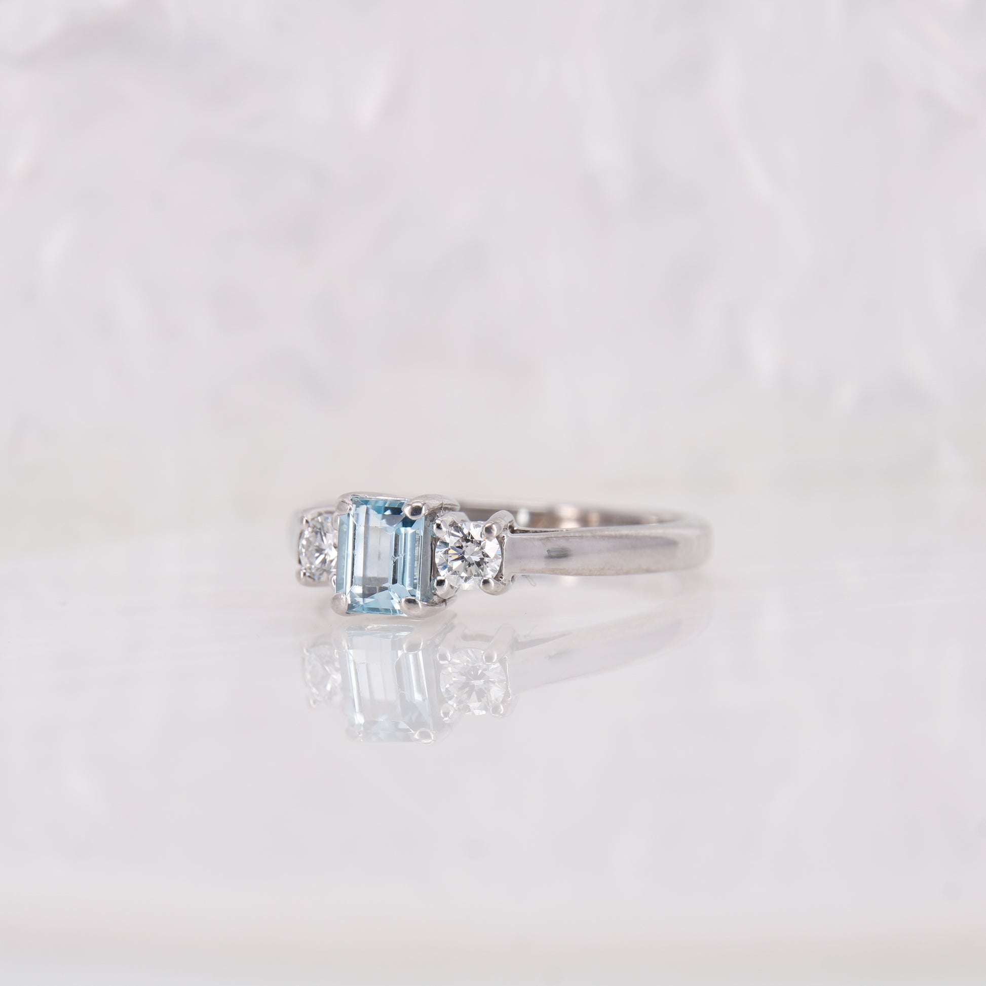 Aquamarine and Diamond Three Stone Trilogy Ring, Aquamarine engagement ring. 