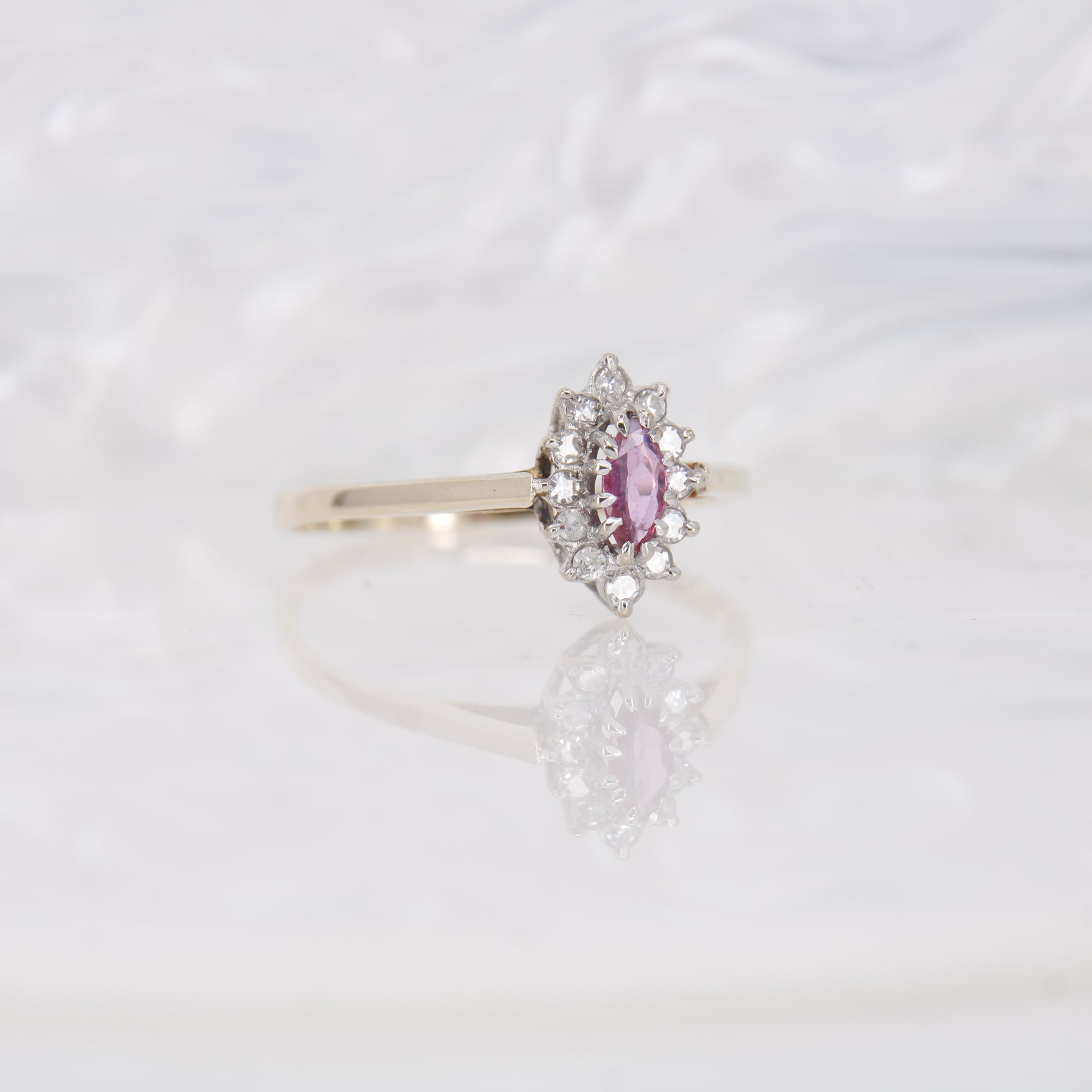 Pink Sapphire and Diamond Engagement Ring, Yellow Gold. Marquise Cut Pink Sapphire preowned.