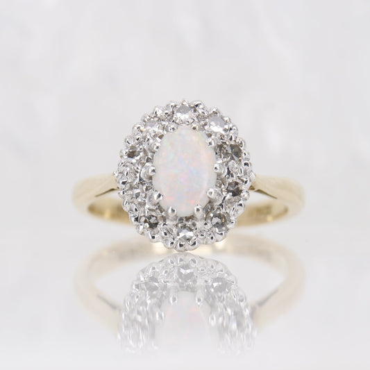Opal and Diamond Halo Ring 18ct Yellow Gold. Vintage Opal and Diamond Ring
