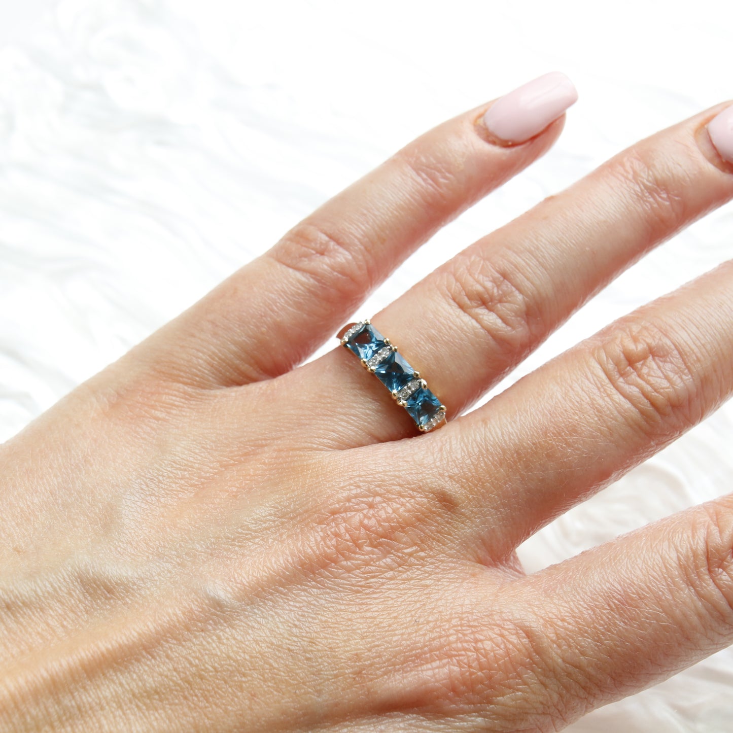 Blue Topaz and Diamond Ring, 9ct Gold Three Stone Trilogy Blue Topaz and Diamond Dress Ring