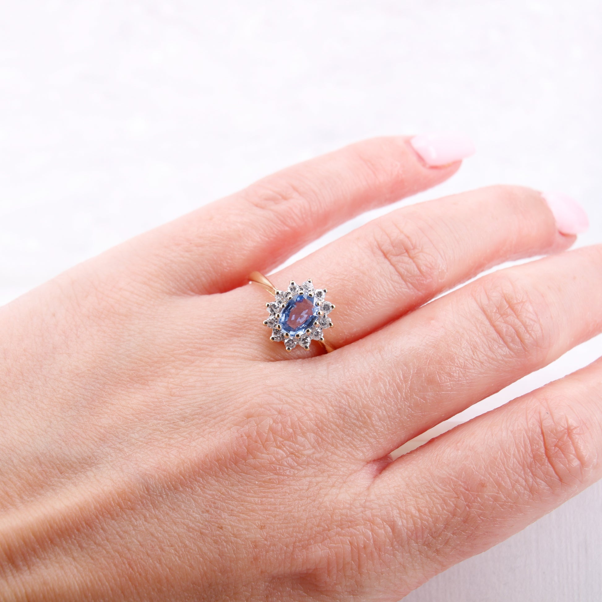 Preowned Ceylon Sapphire and Diamond Engagement Ring, Diana Style Sapphire and Diamond Ring