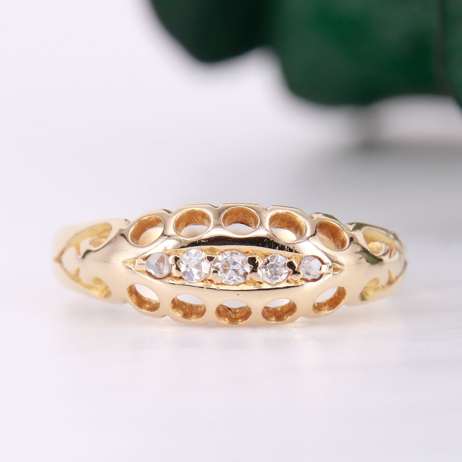 Antique vintage 5 stone diamond band, yellow gold diamond wedding band. 18ct gold five stone diamond band.