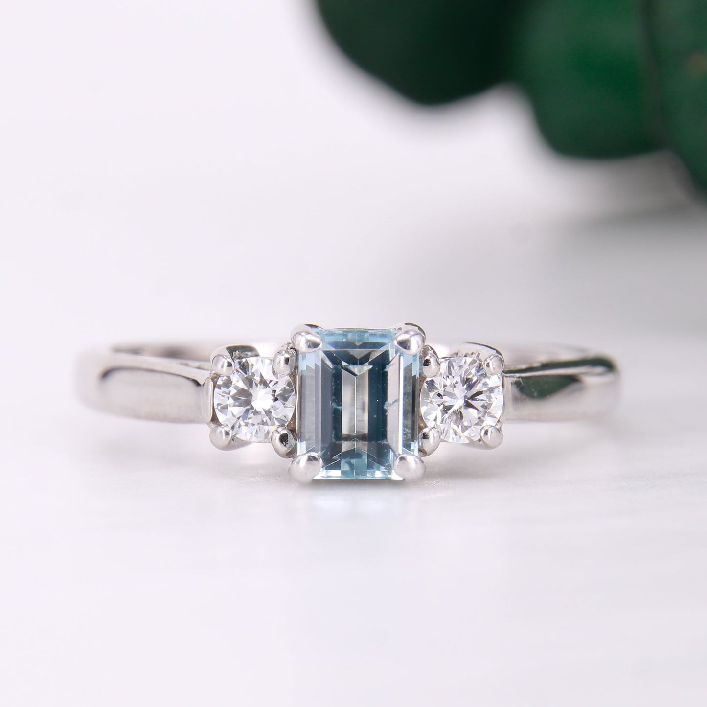 Aquamarine and Diamond Three Stone Trilogy Ring, Aquamarine engagement ring. 