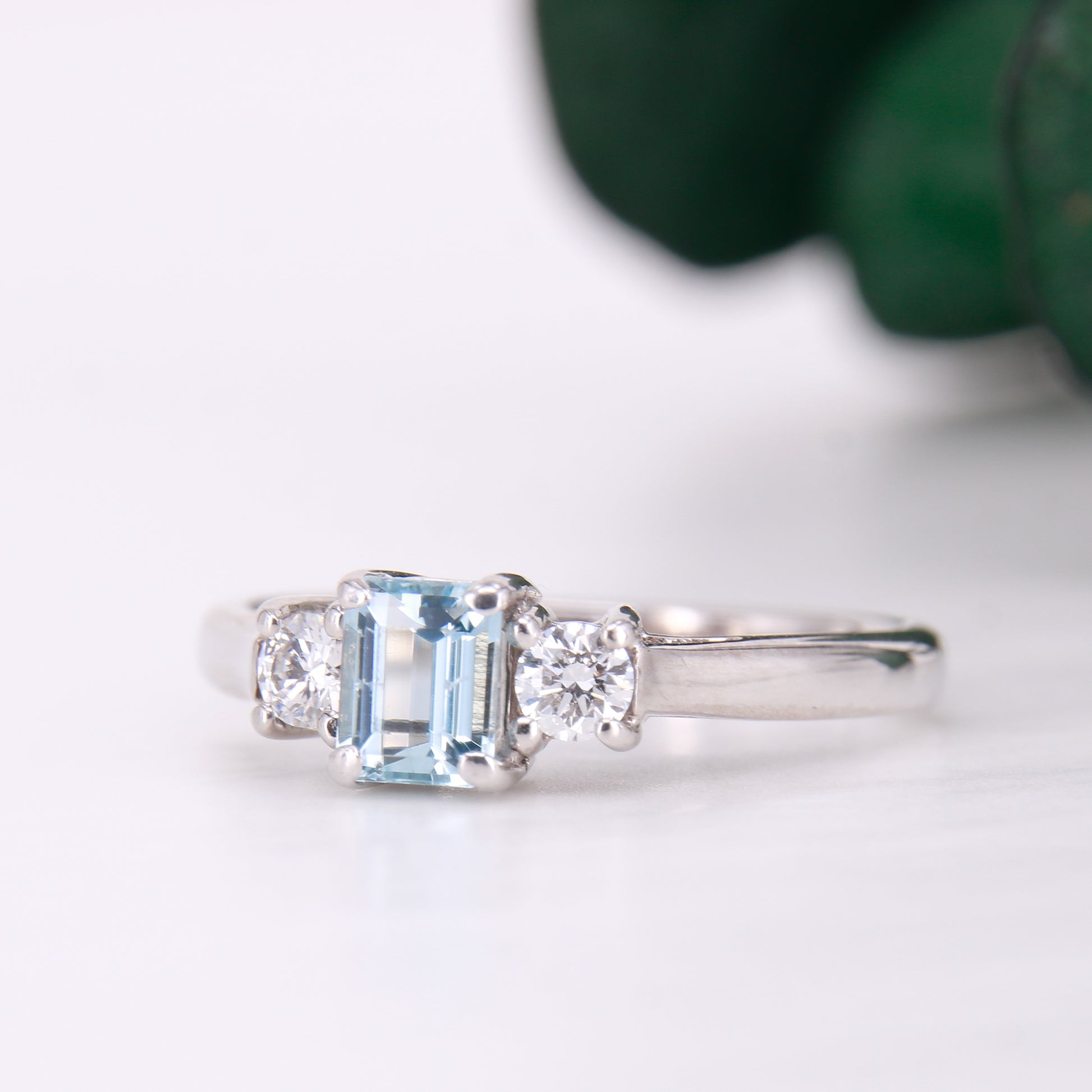 Aquamarine and Diamond Three Stone Trilogy Ring, Aquamarine engagement ring. 