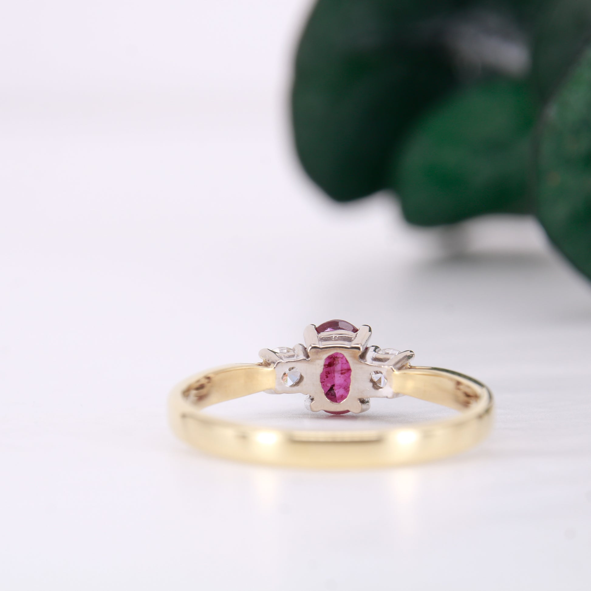 Preowned Oval cut Ruby and Diamond Trilogy Three Stone Engagement Ring