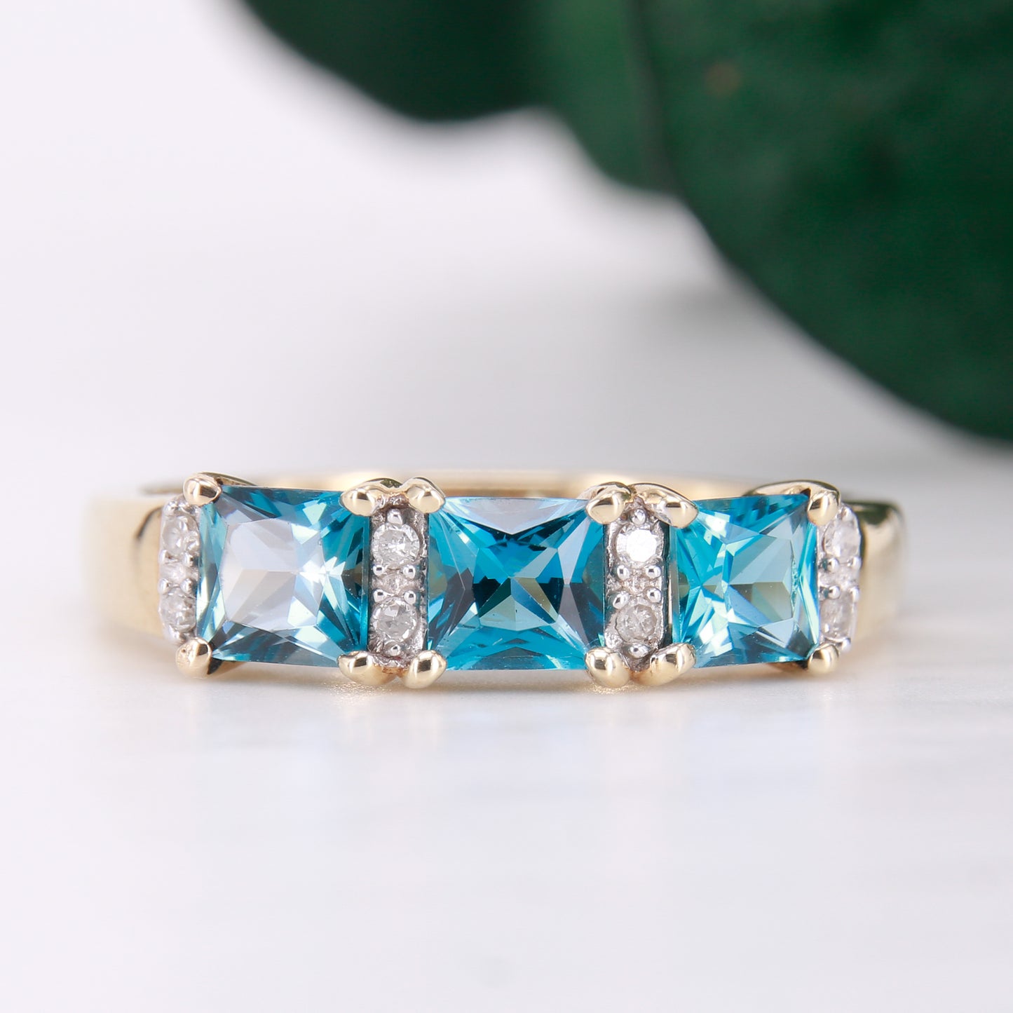 Blue Topaz and Diamond Ring, 9ct Gold Three Stone Trilogy Blue Topaz and Diamond Dress Ring