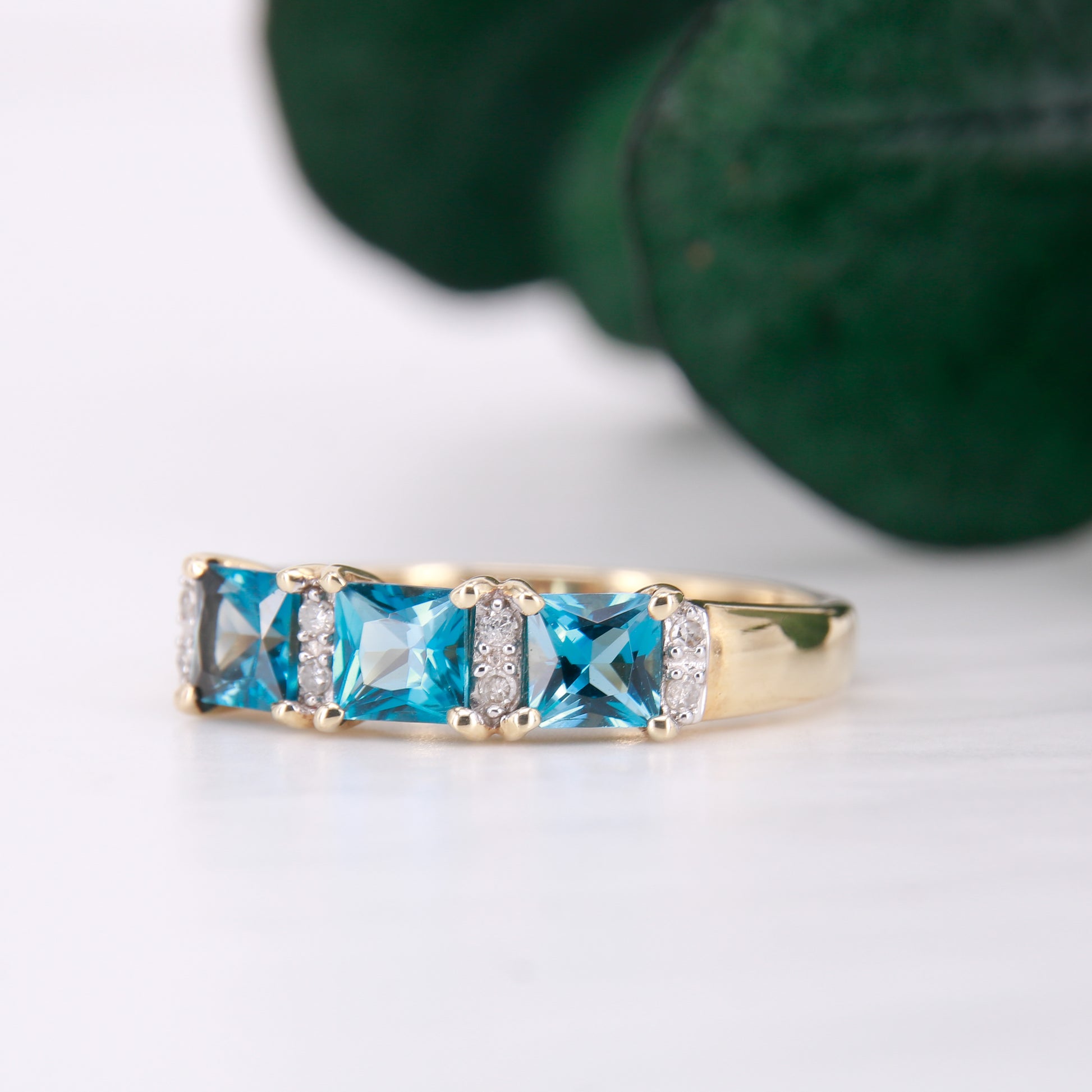 Blue Topaz and Diamond Ring, 9ct Gold Three Stone Trilogy Blue Topaz and Diamond Dress Ring