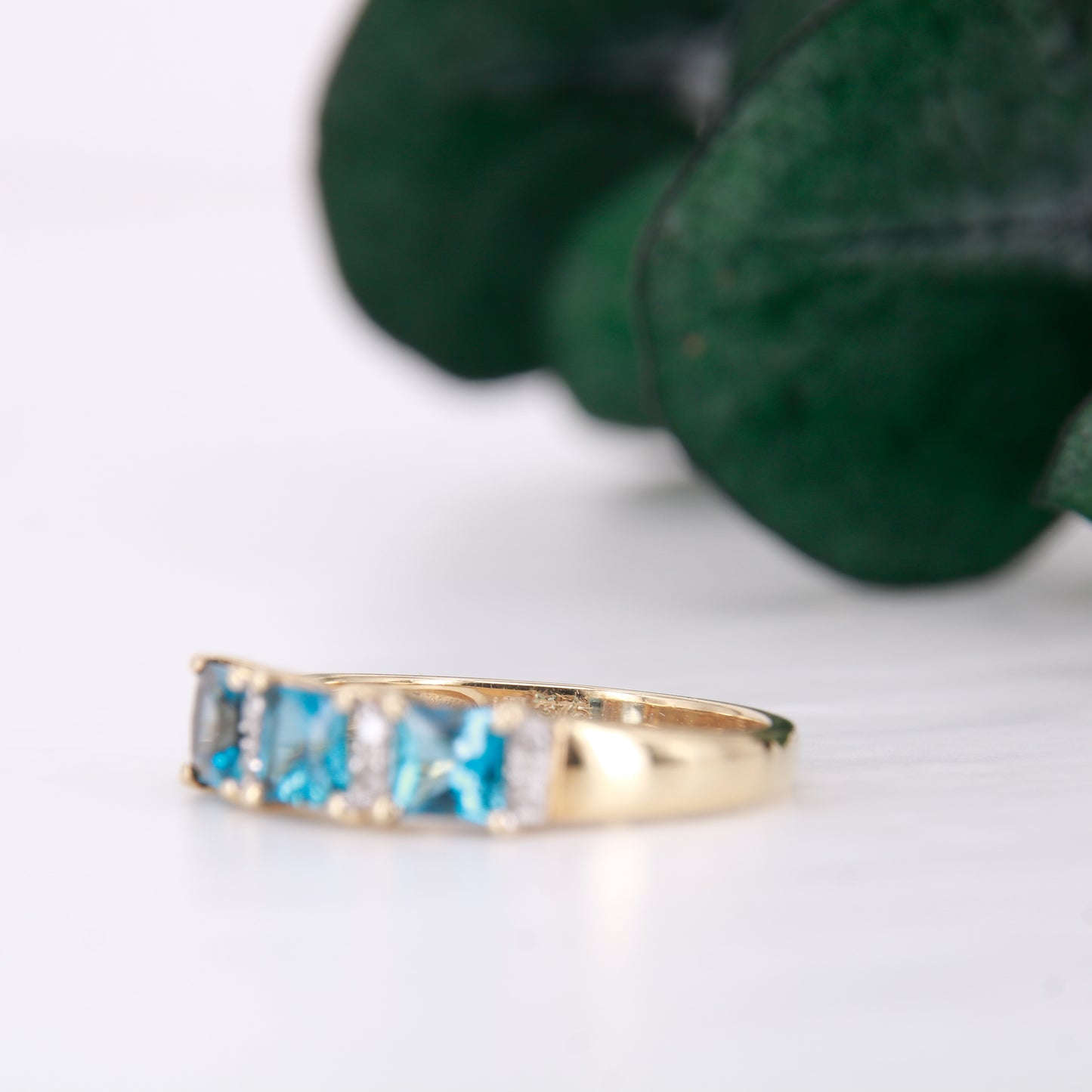 Blue Topaz and Diamond Ring, 9ct Gold Three Stone Trilogy Blue Topaz and Diamond Dress Ring