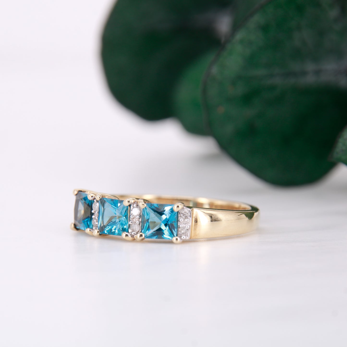 Blue Topaz and Diamond Ring, 9ct Gold Three Stone Trilogy Blue Topaz and Diamond Dress Ring