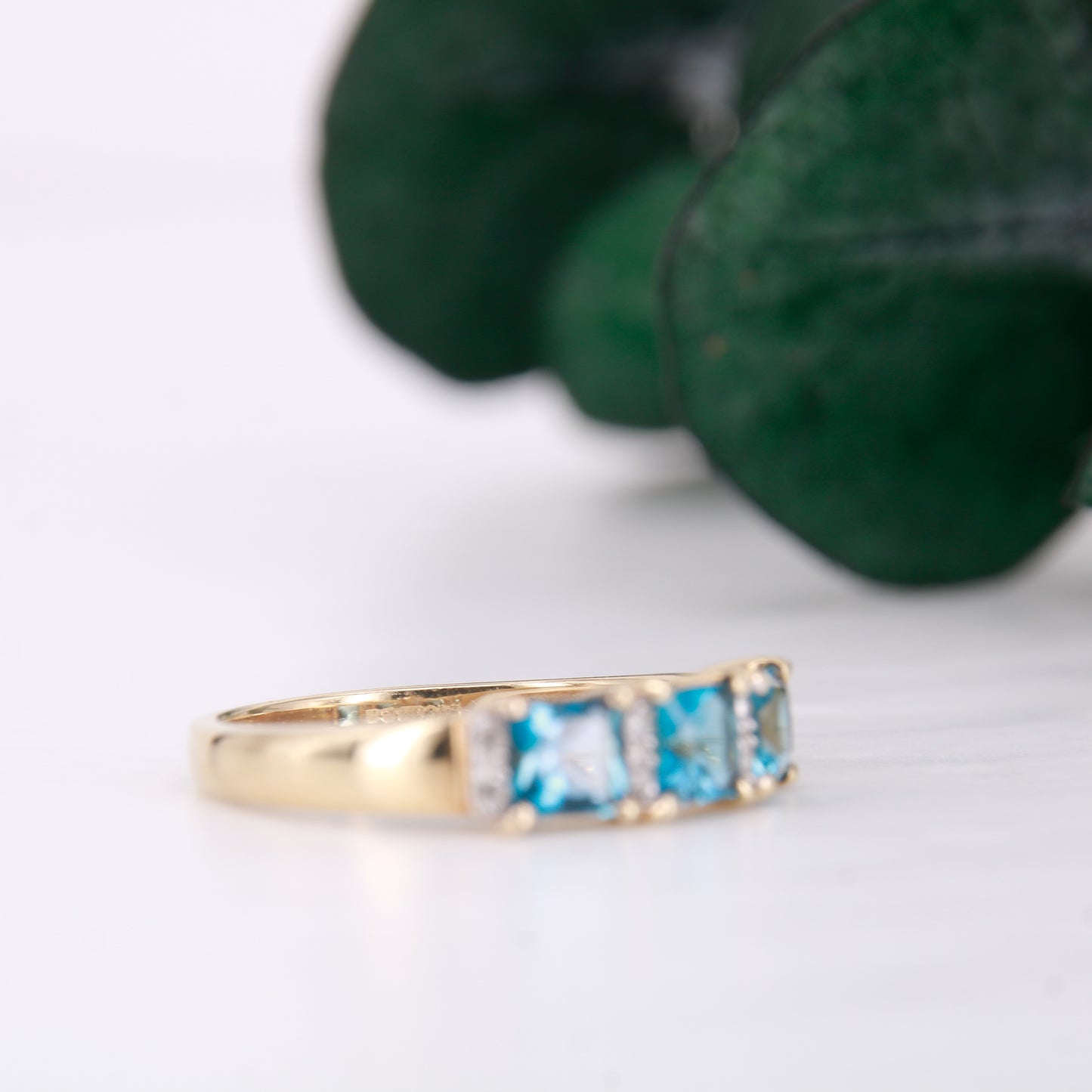 Blue Topaz and Diamond Ring, 9ct Gold Three Stone Trilogy Blue Topaz and Diamond Dress Ring