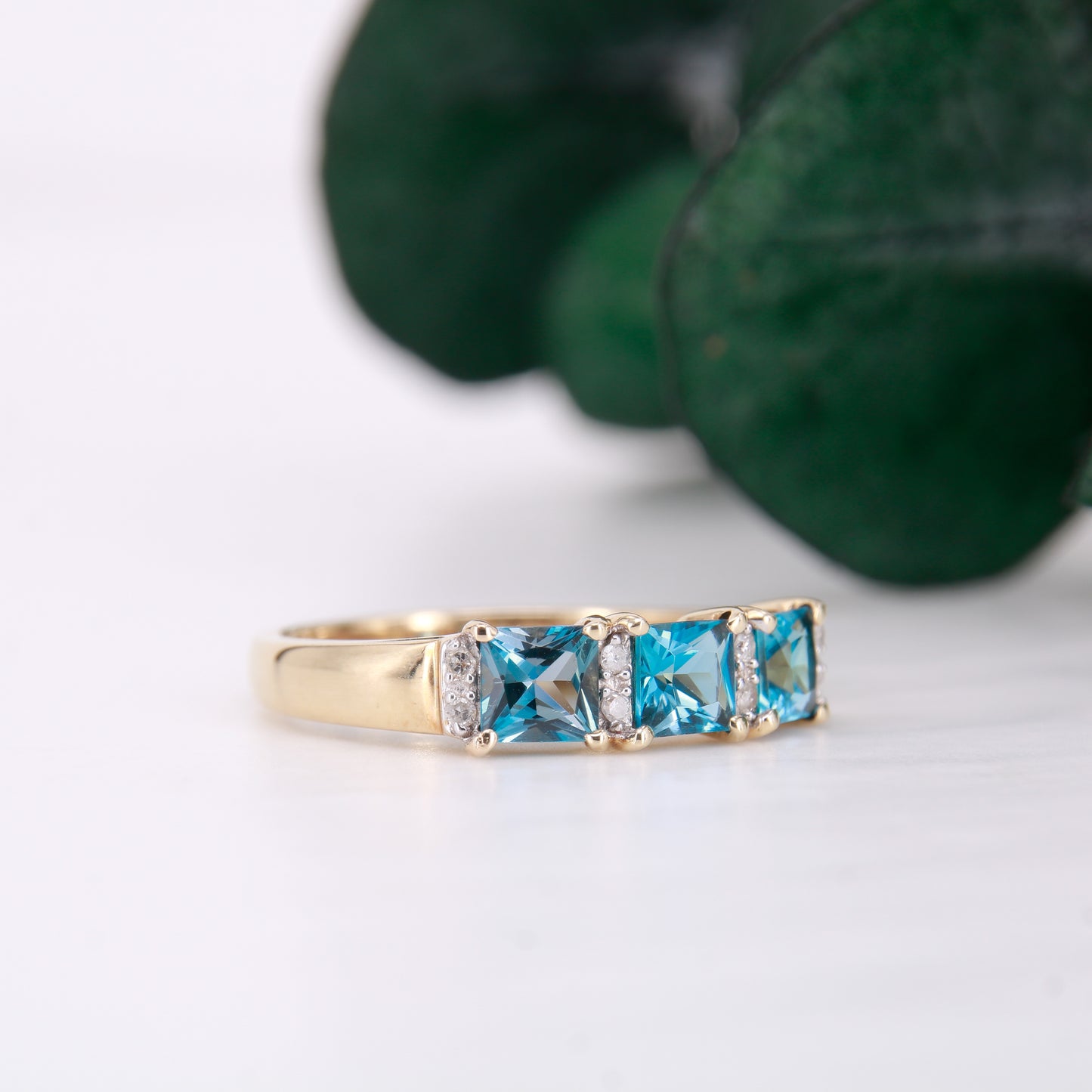 9ct Yellow Gold Blue Topaz and Diamond Ring