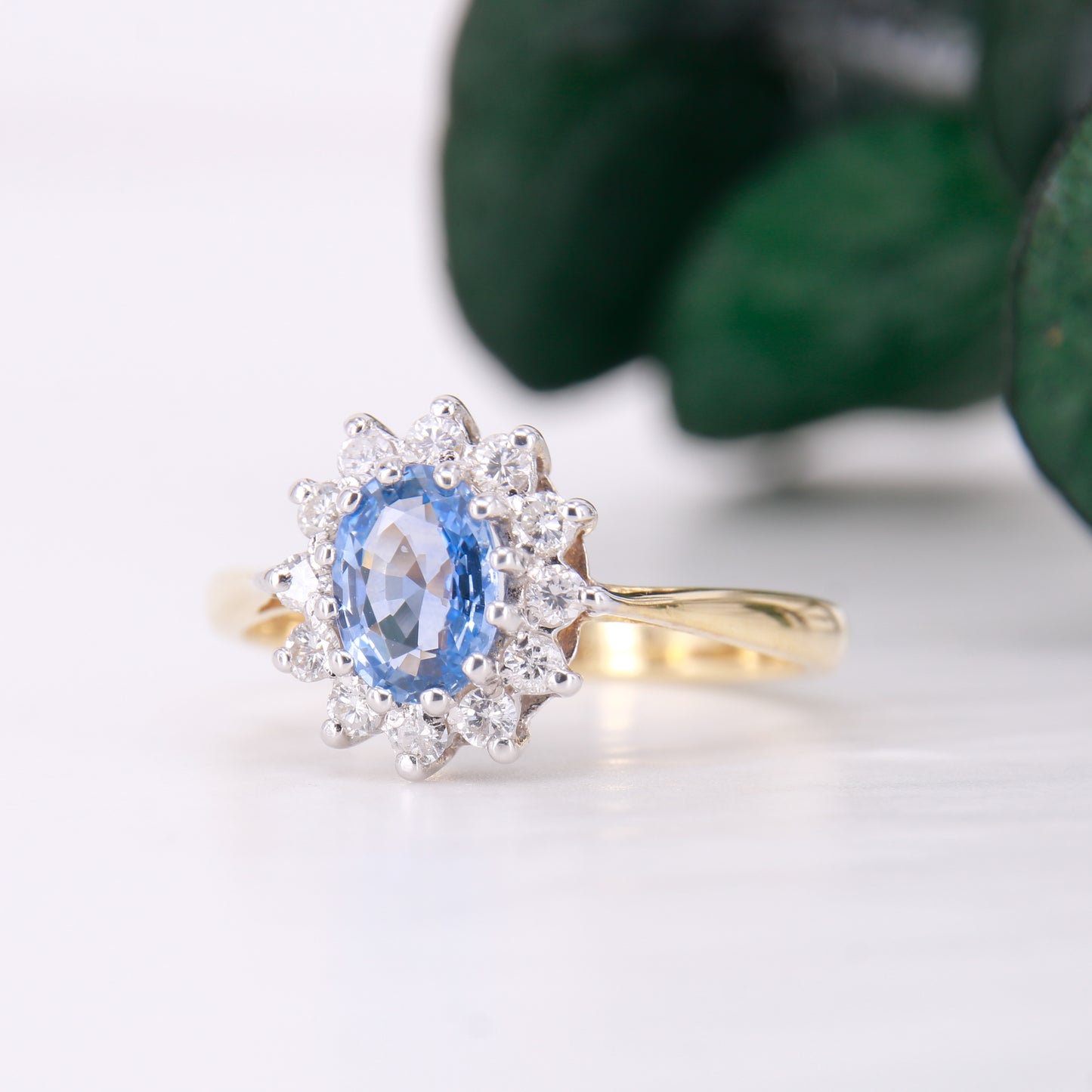 Preowned Ceylon Sapphire and Diamond Engagement Ring, Diana Style Sapphire and Diamond Ring