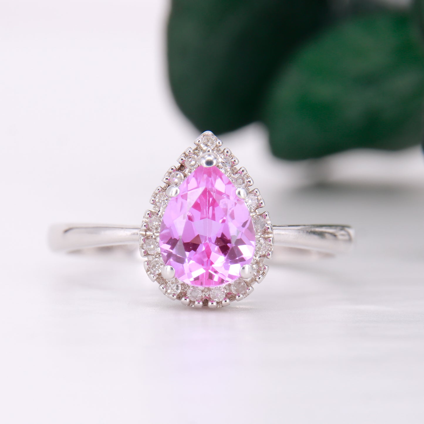 Pink Topaz and Diamond Ring, 9ct Pink Pear Cut Topaz with Diamond Halo Dress Ring