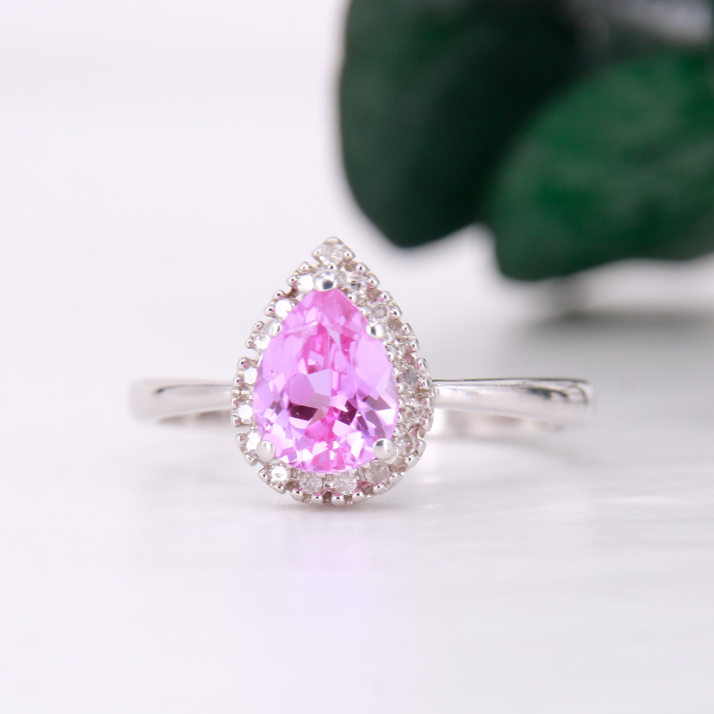 Pink Topaz and Diamond Ring, 9ct Pink Pear Cut Topaz with Diamond Halo Dress Ring