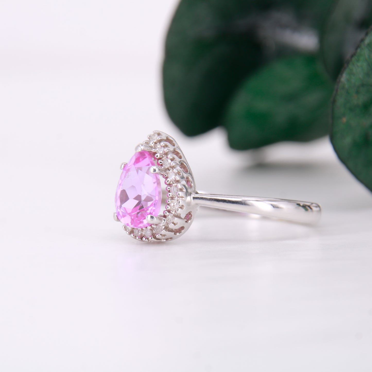 Pink Topaz and Diamond Ring, 9ct Pink Pear Cut Topaz with Diamond Halo Dress Ring