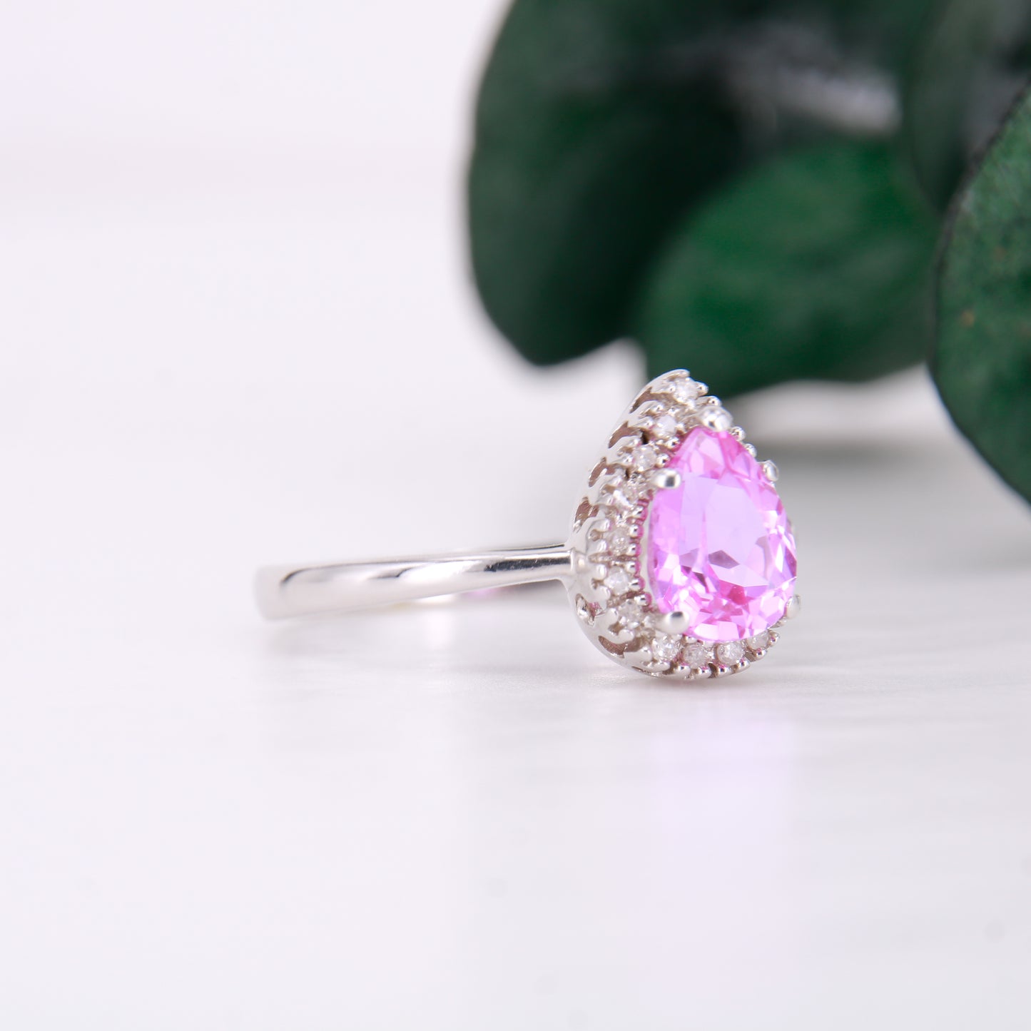 Pink Topaz and Diamond Ring, 9ct Pink Pear Cut Topaz with Diamond Halo Dress Ring