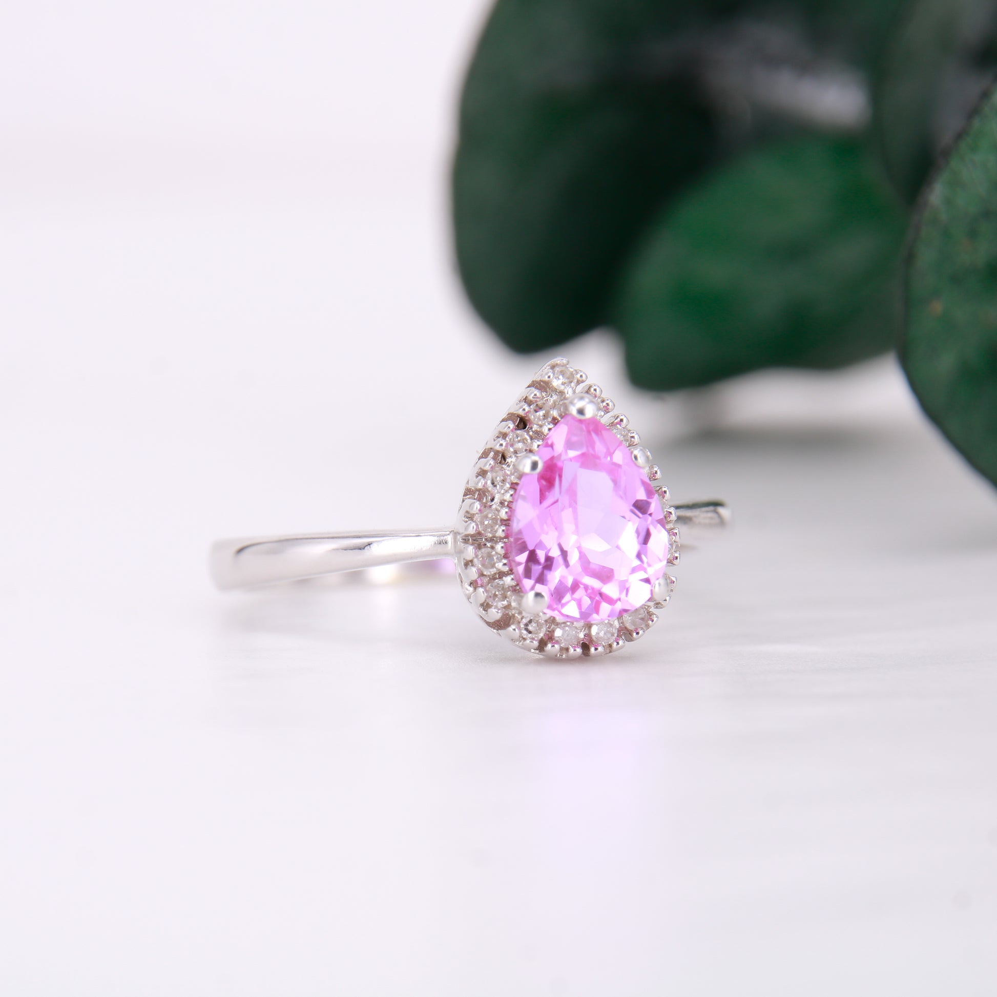 Pink Topaz and Diamond Ring, 9ct Pink Pear Cut Topaz with Diamond Halo Dress Ring