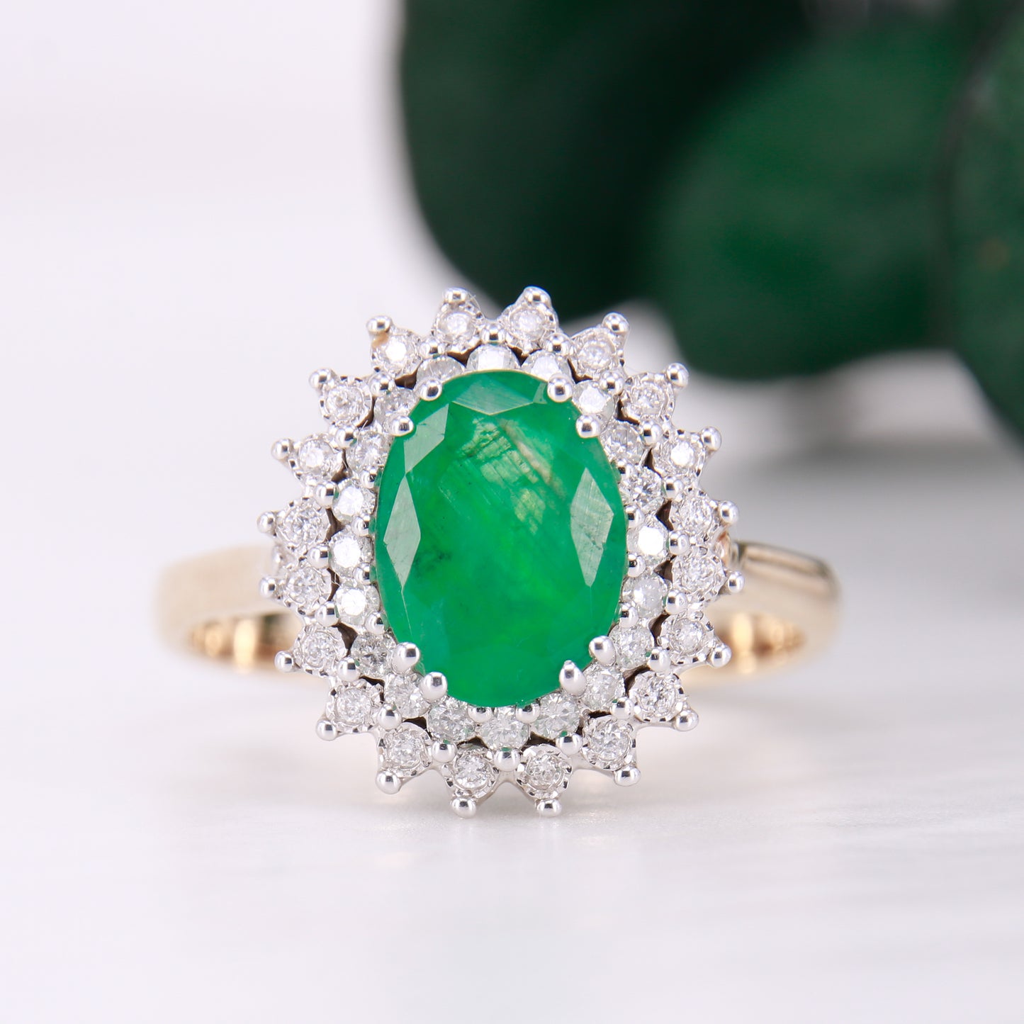 Vintage Emerald and Diamond Ring, 9ct gold double halo oval cut emerald and diamond ring.