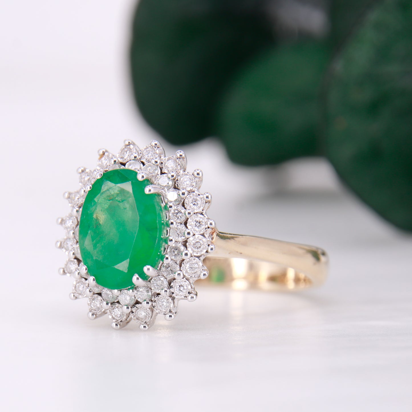 Vintage Emerald and Diamond Ring, 9ct gold double halo oval cut emerald and diamond ring.