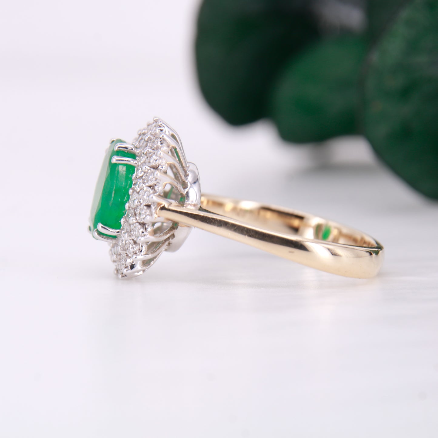 Vintage Emerald and Diamond Ring, 9ct gold double halo oval cut emerald and diamond ring.