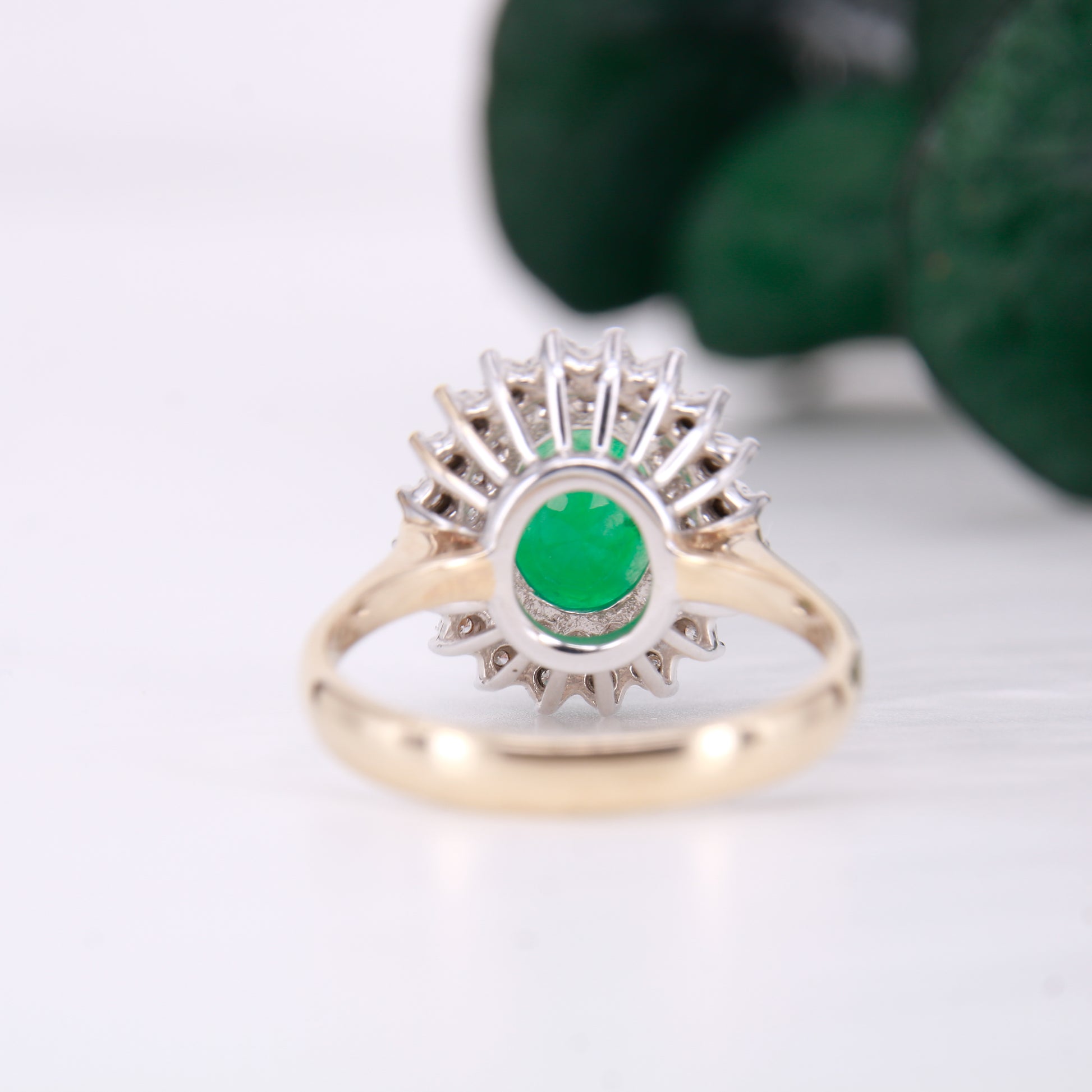 Vintage Emerald and Diamond Ring, 9ct gold double halo oval cut emerald and diamond ring.