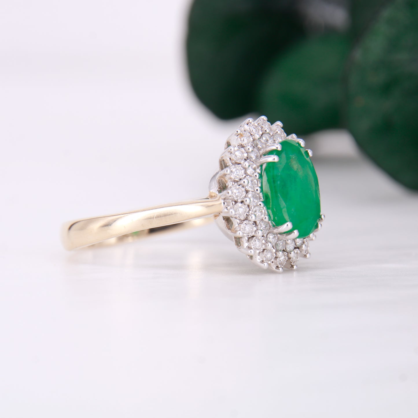 Vintage Emerald and Diamond Ring, 9ct gold double halo oval cut emerald and diamond ring.