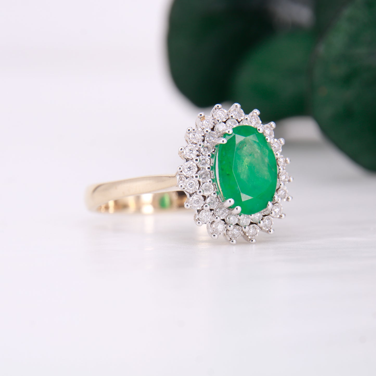 Vintage Emerald and Diamond Ring, 9ct gold double halo oval cut emerald and diamond ring.