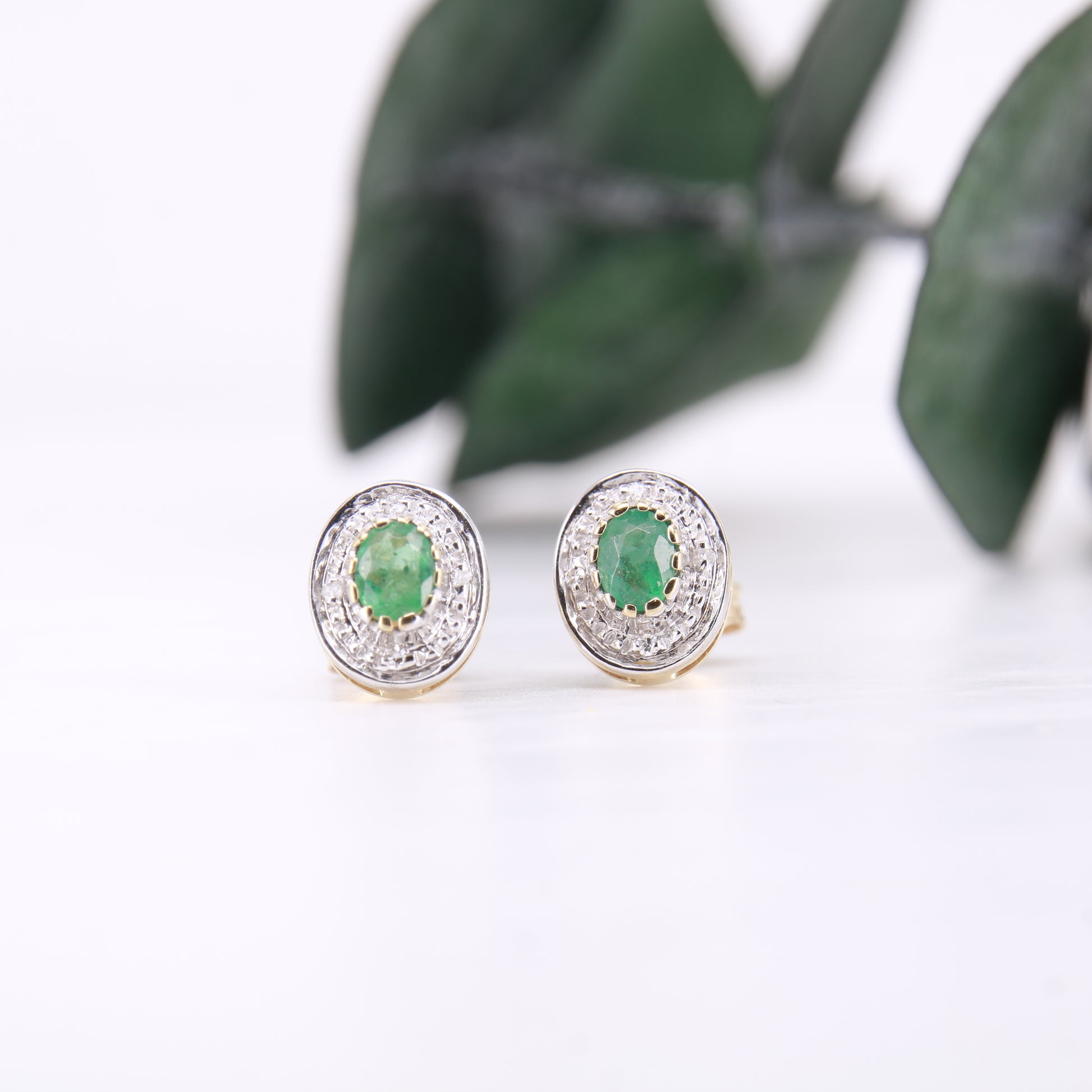 Emerald and Diamond Halo Stud Earrings 9ct Yellow Gold