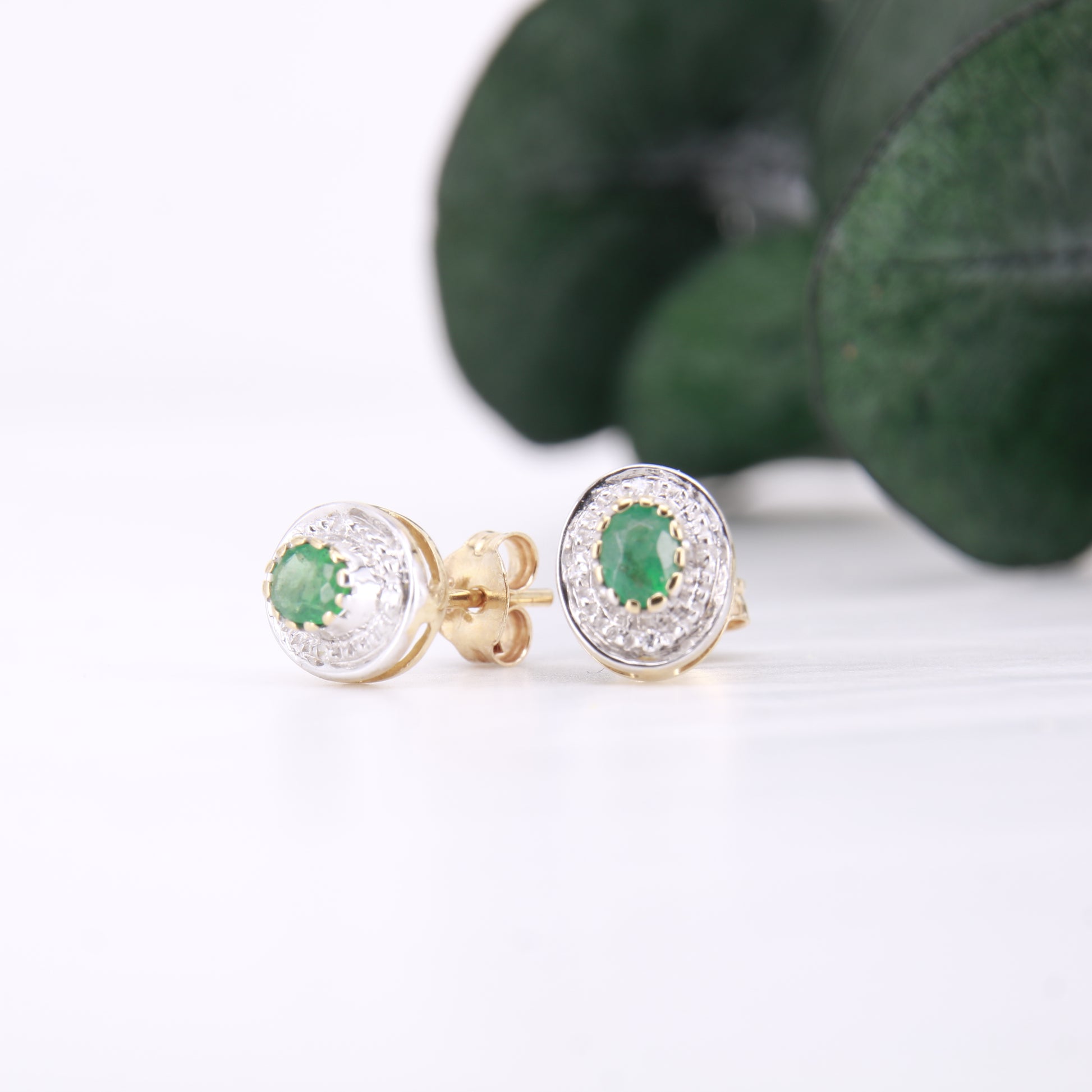 Emerald and Diamond Halo Stud Earrings 9ct Yellow Gold