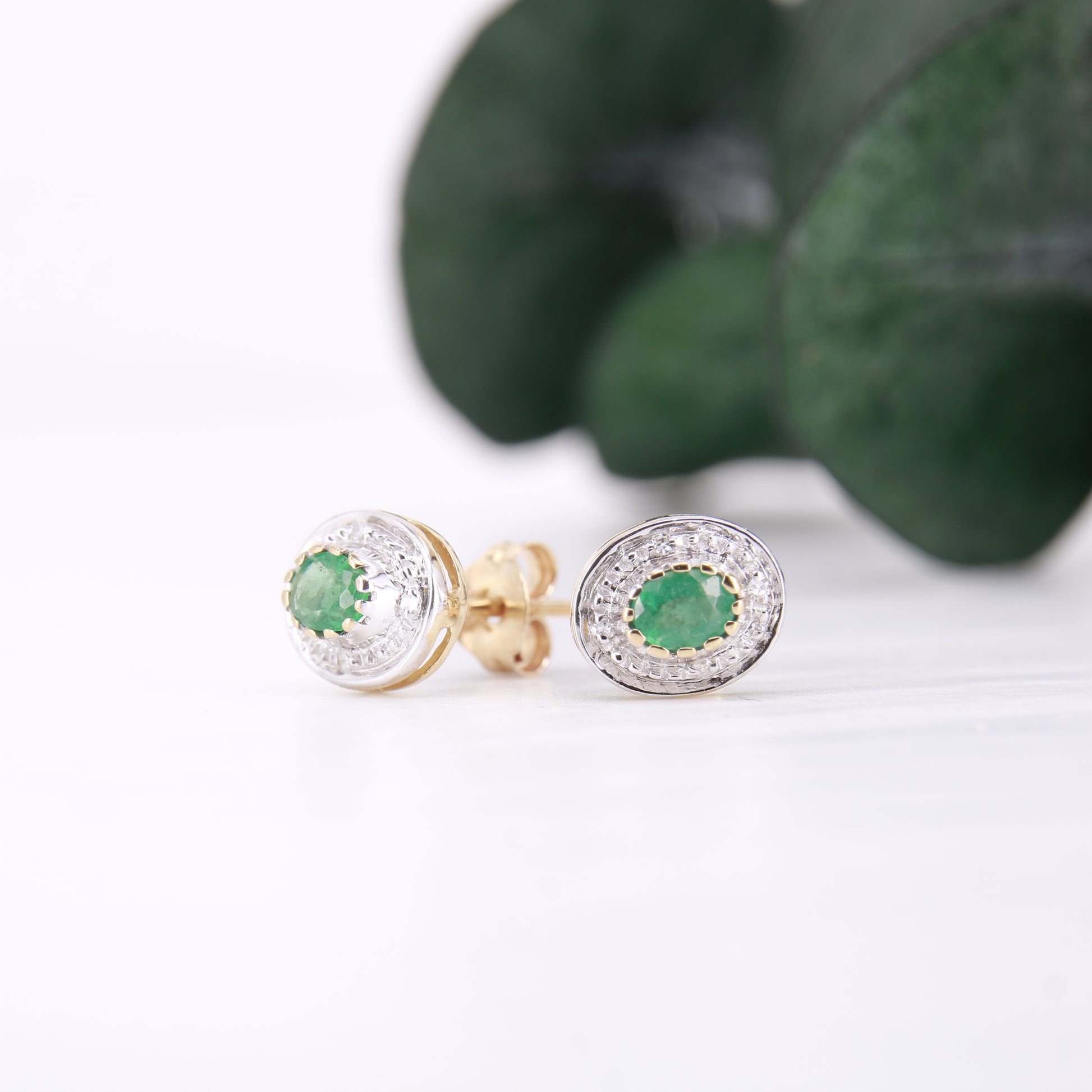 Emerald and Diamond Halo Stud Earrings 9ct Yellow Gold