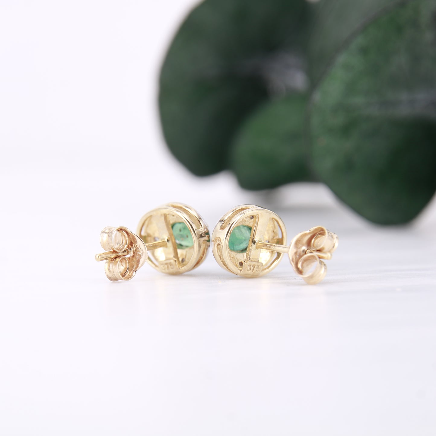 Emerald and Diamond Halo Stud Earrings 9ct Yellow Gold