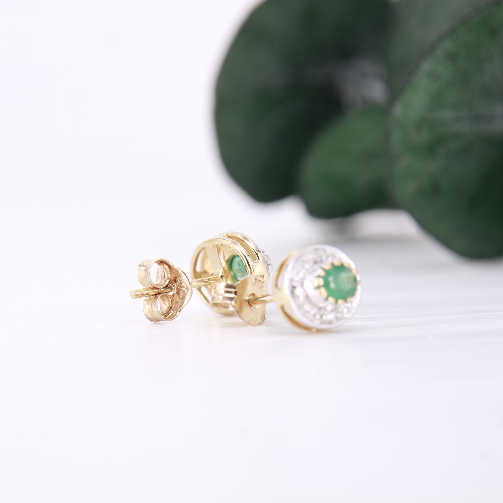 Emerald and Diamond Halo Stud Earrings 9ct Yellow Gold