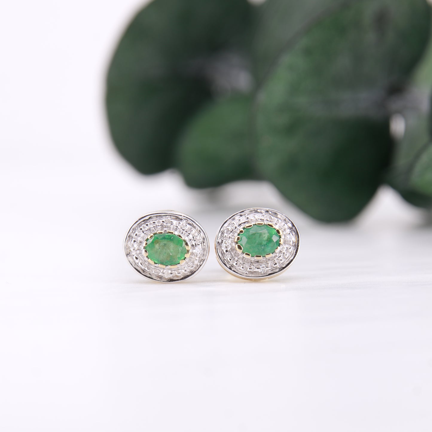 Emerald and Diamond Halo Stud Earrings 9ct Yellow Gold